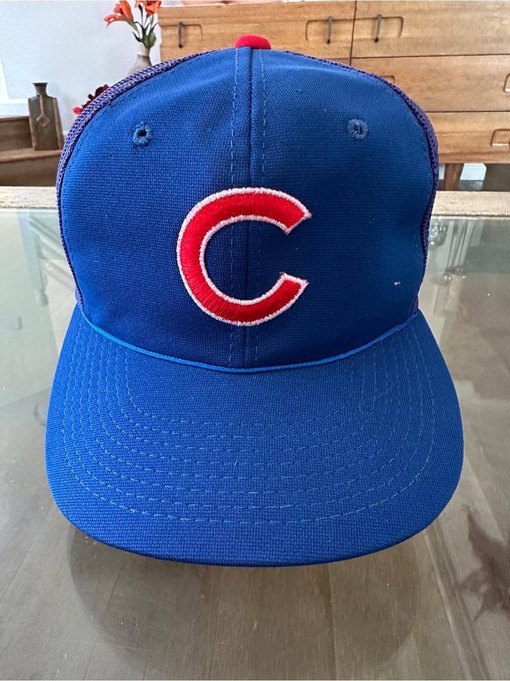 Blue Mesh-Back Baseball Cap with Red 'C' Patch